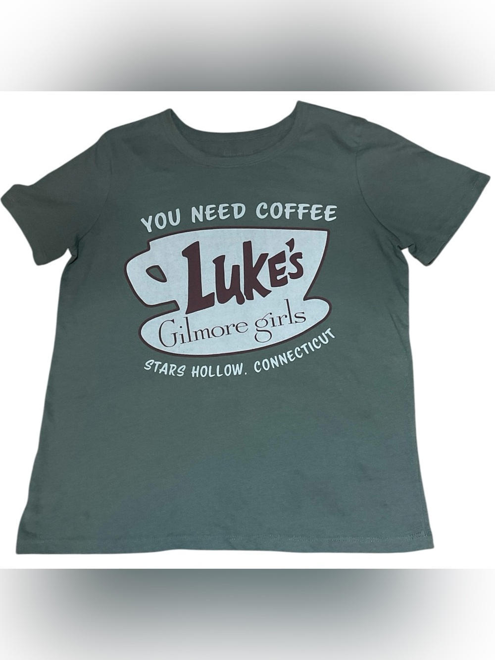Gilmore Girls Luke’s Diner Graphic Tee Women’s Small Gray Green Coffee Shirt